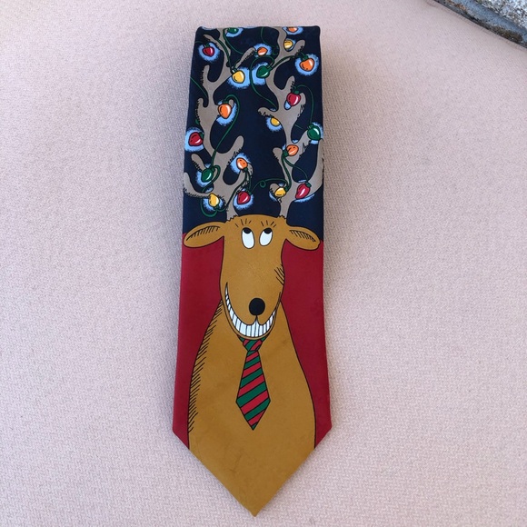 Hallmark Yule Tie Greeting Made USA Red Black Reindeer Christmas Necktie - Picture 2 of 8